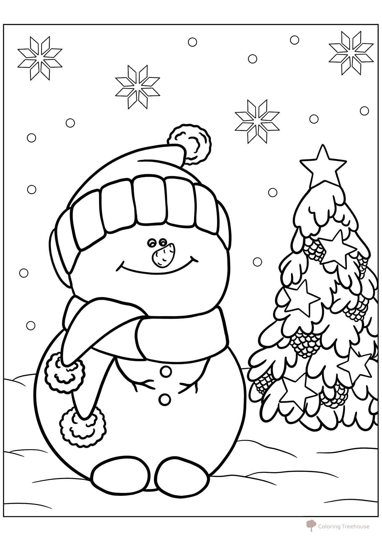 Snowman Sitting Next to a Christmas Tree Coloring Page free printable Snowman Coloring Pages for Kids coloring page