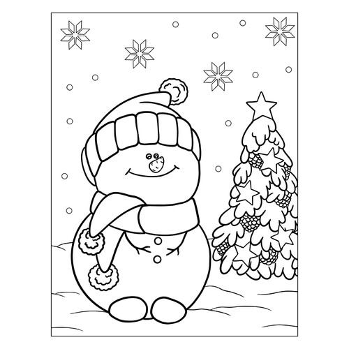 Snowman Sitting Next to a Christmas Tree Coloring Page free printable Snowman Coloring Pages for Kids coloring page