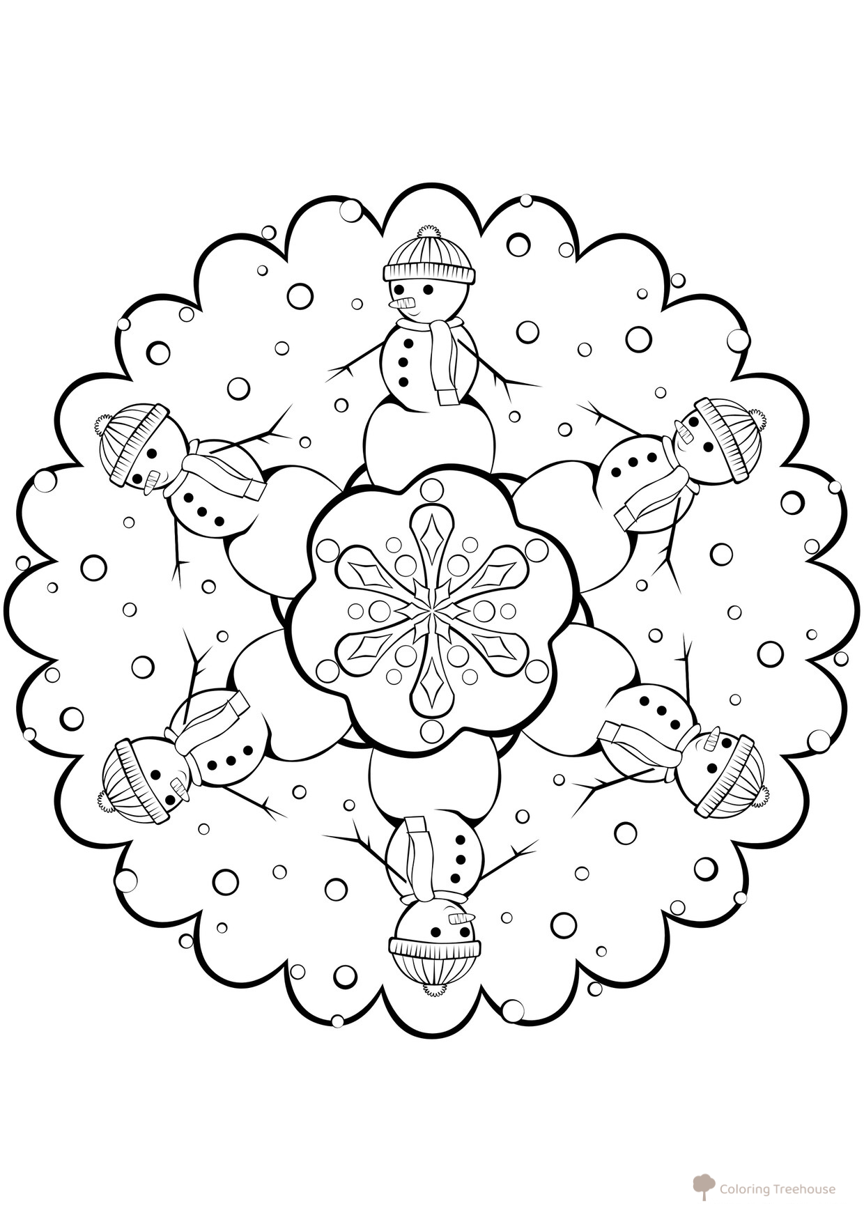 Snowflake with Snowmen Coloring Page free printable Snowflake Coloring Pages – Winter Patterns coloring page