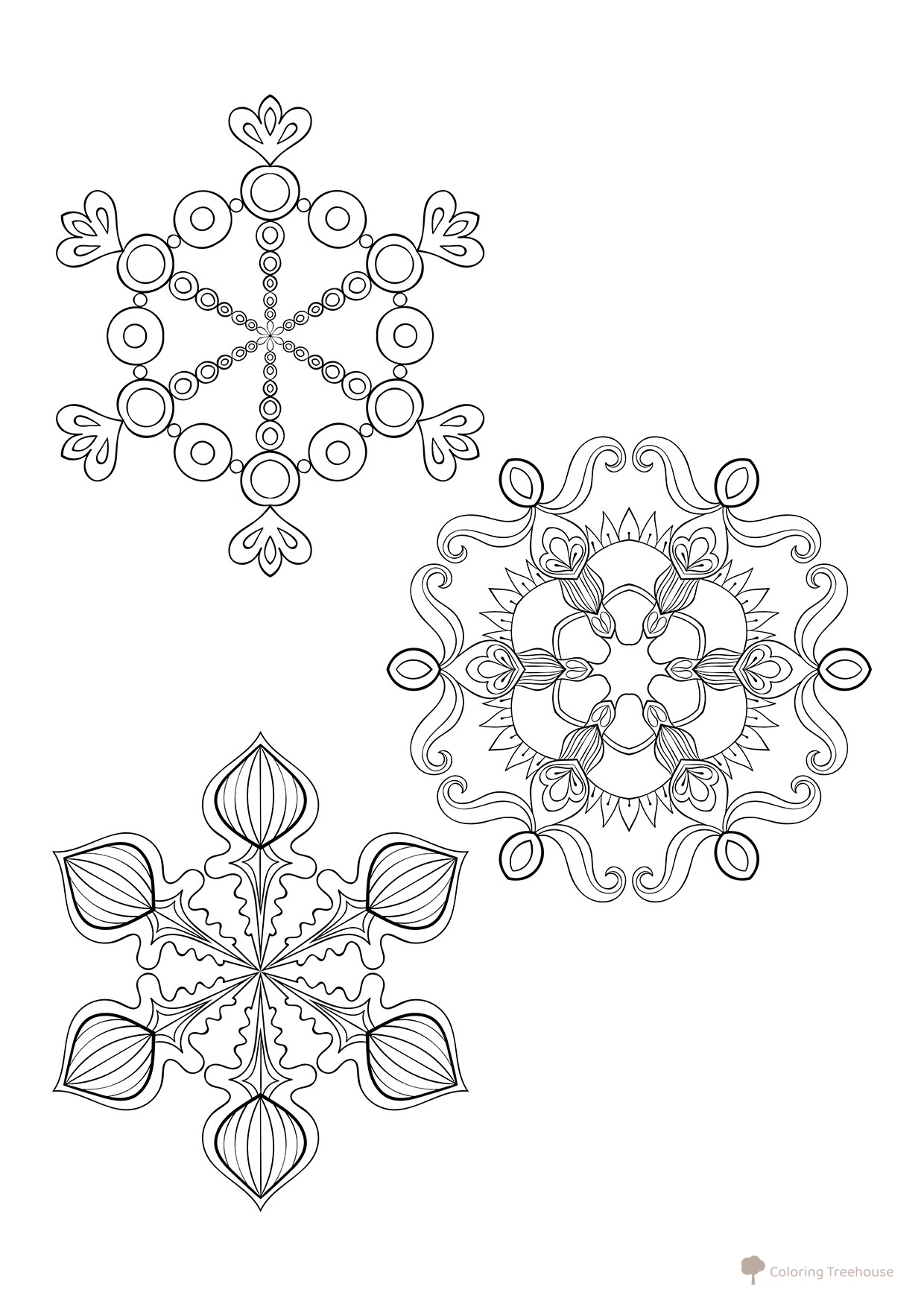 Three Beautiful Snowflakes Coloring Page free printable Snowflake Coloring Pages – Winter Patterns coloring page
