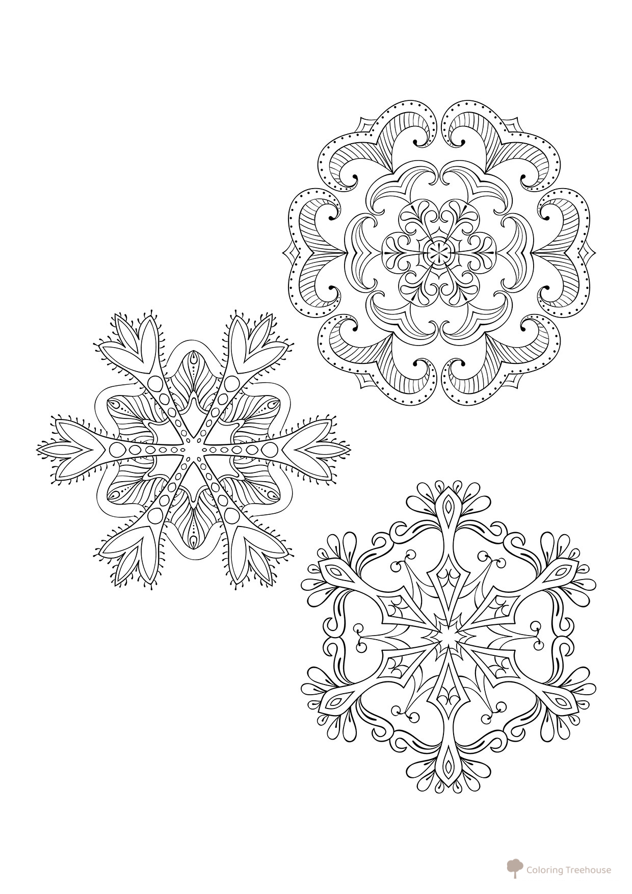 Página para colorear Tres copos de nieve — anti-estrés dibujo para colorear gratis de Página para colorear «Snehinka» – patrones invernales