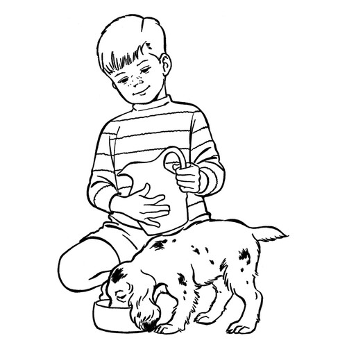 Para colorear: Niño alimenta a su perro dibujo para colorear gratis de Páginas para colorear de perros y cachorros