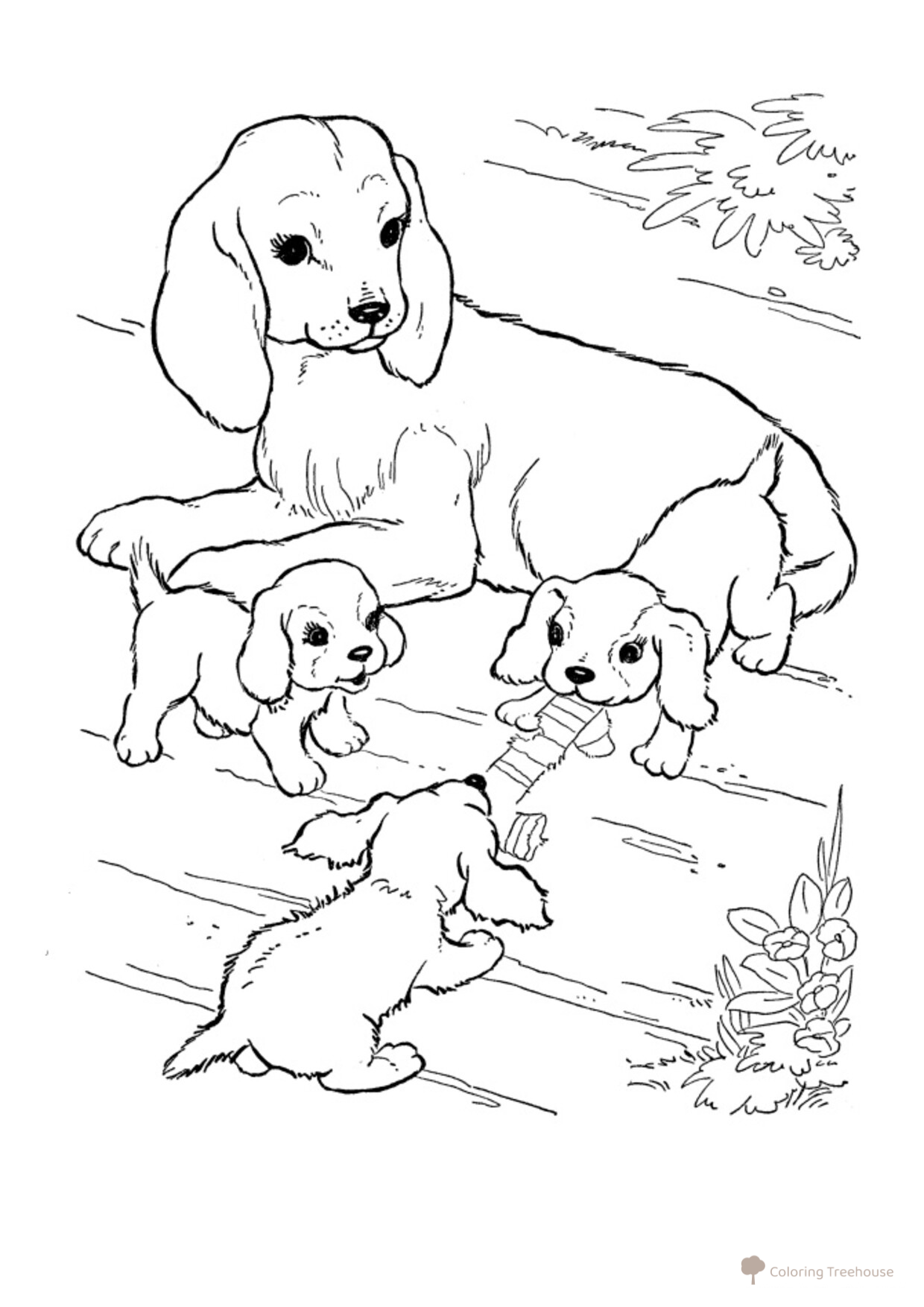 Página para colorear: Cachorros con mamá dibujo para colorear gratis de Páginas para colorear de perros y cachorros