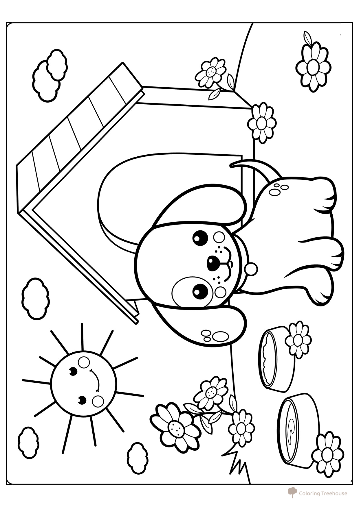 Página para colorear: Cachorrito junto a la caseta (para niños) dibujo para colorear gratis de Páginas para colorear de perros y cachorros