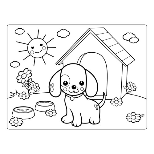 Página para colorear: Cachorrito junto a la caseta (para niños) dibujo para colorear gratis de Páginas para colorear de perros y cachorros