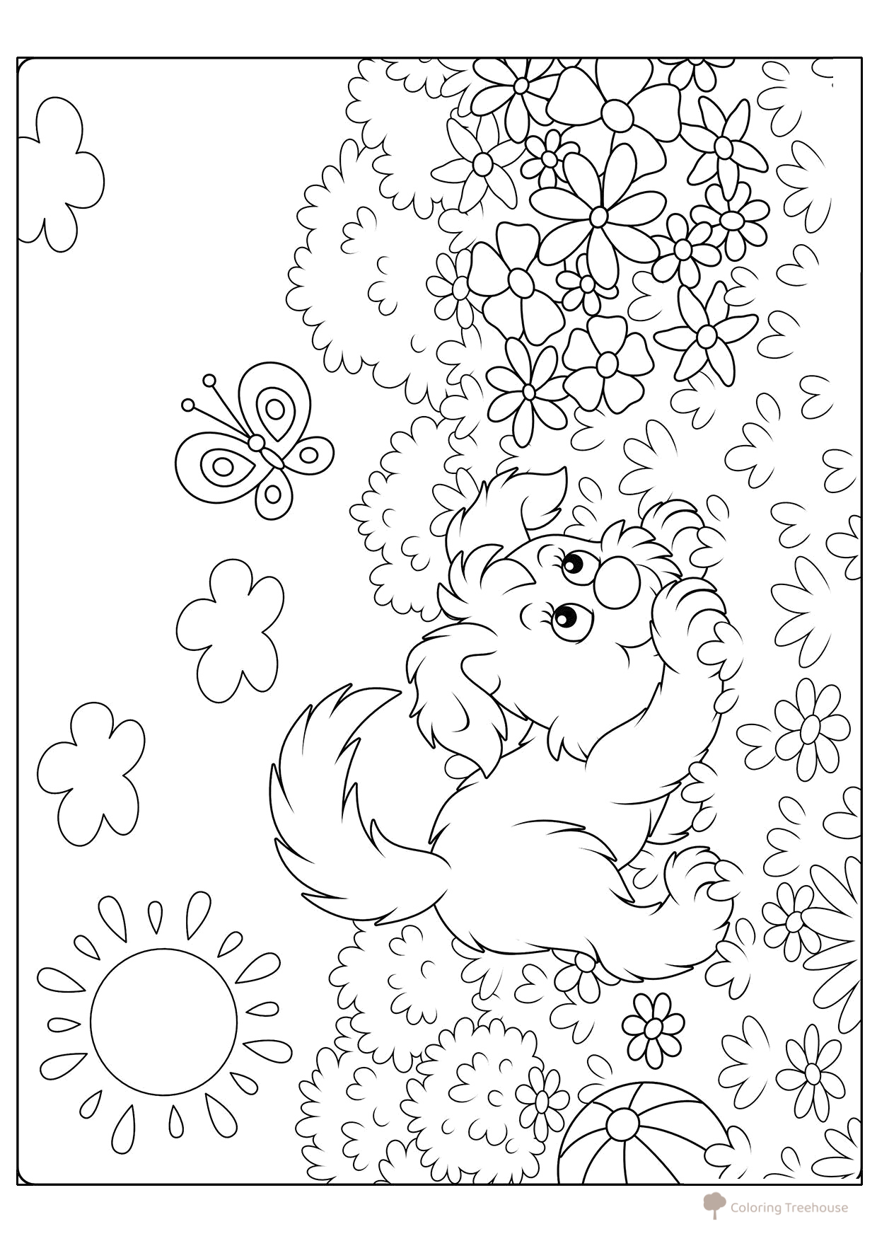 Puppy Playing in the Meadow Coloring Page free printable Dog and Puppy Coloring Pages coloring page