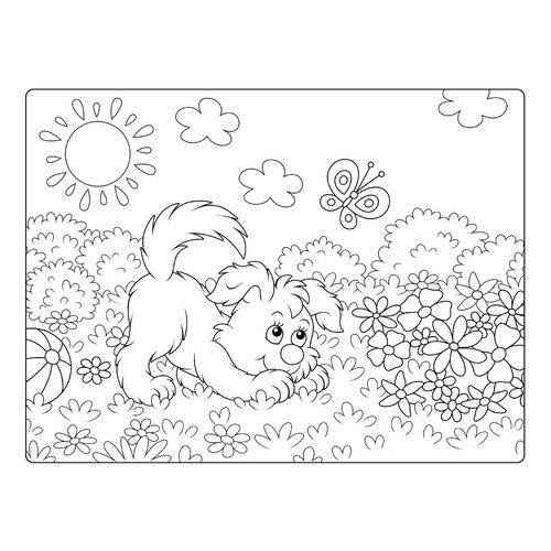 Puppy Playing in the Meadow Coloring Page free printable Dog and Puppy Coloring Pages coloring page