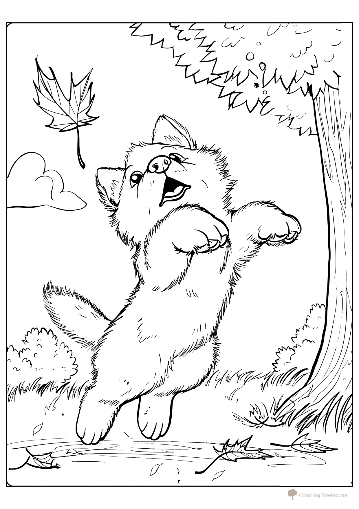 Página para colorear «Cachorro salta tras una hoja otoñal» dibujo para colorear gratis de Páginas para colorear de perros y cachorros