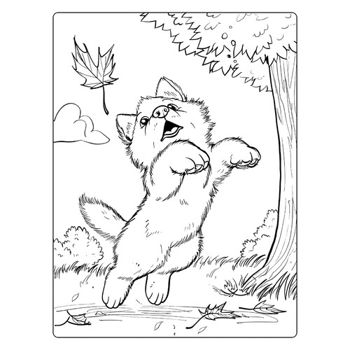 Página para colorear «Cachorro salta tras una hoja otoñal» dibujo para colorear gratis de Páginas para colorear de perros y cachorros