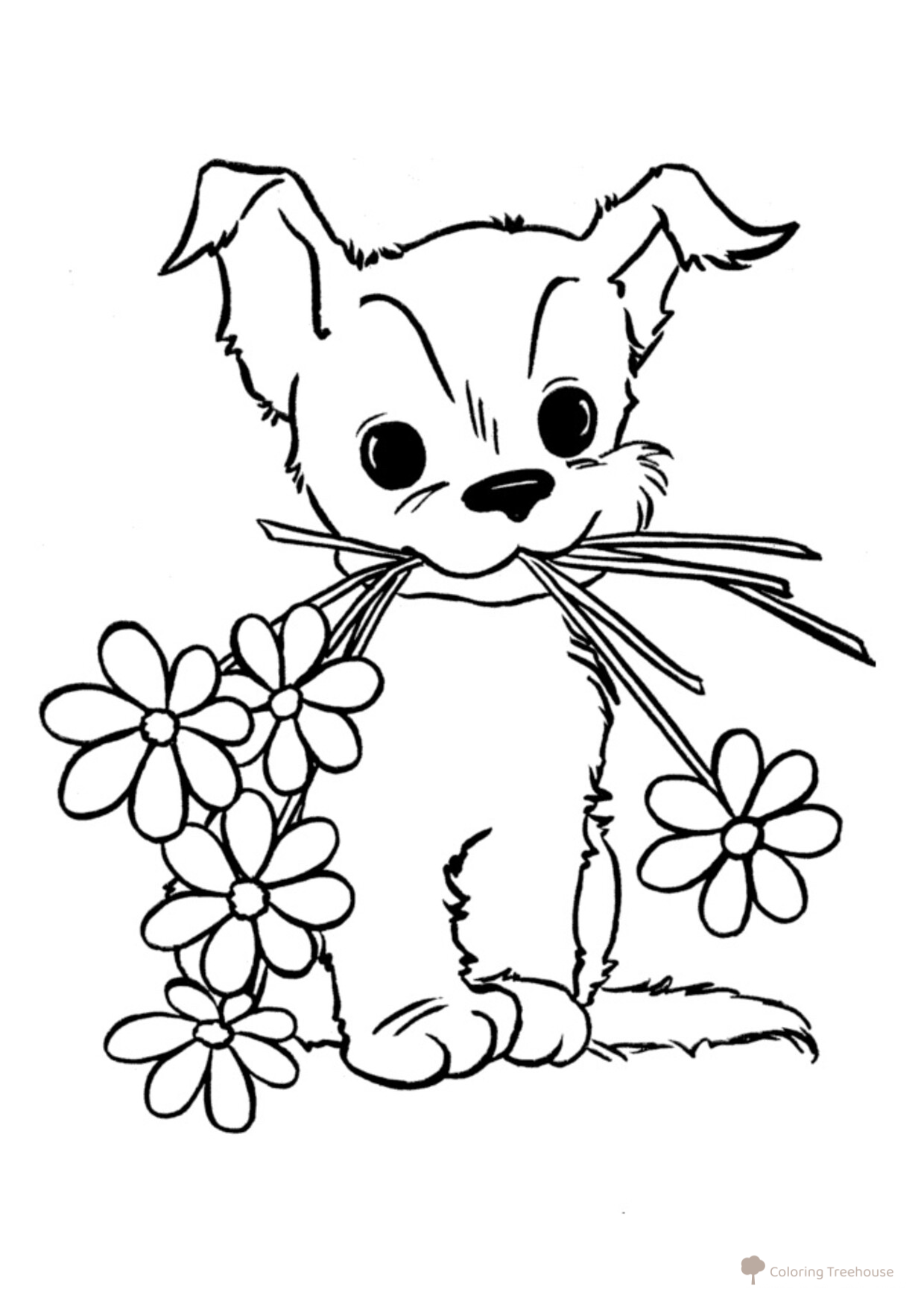 Página para colorear: Perro y flores dibujo para colorear gratis de Páginas para colorear de perros y cachorros