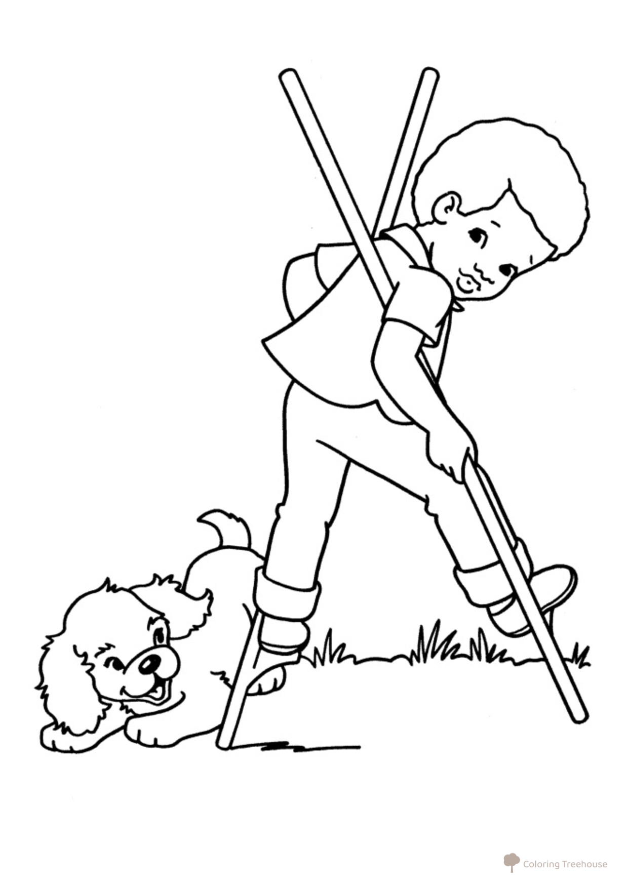 Dog and Boy on Stilts Coloring Page free printable Dog and Puppy Coloring Pages coloring page