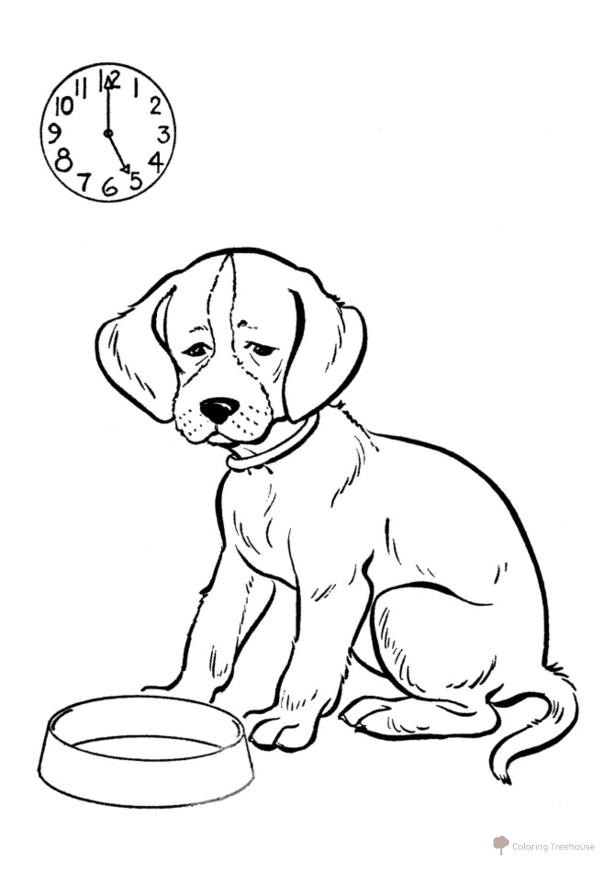 Página para colorear: Perro triste al ver su plato vacío dibujo para colorear gratis de Páginas para colorear de perros y cachorros
