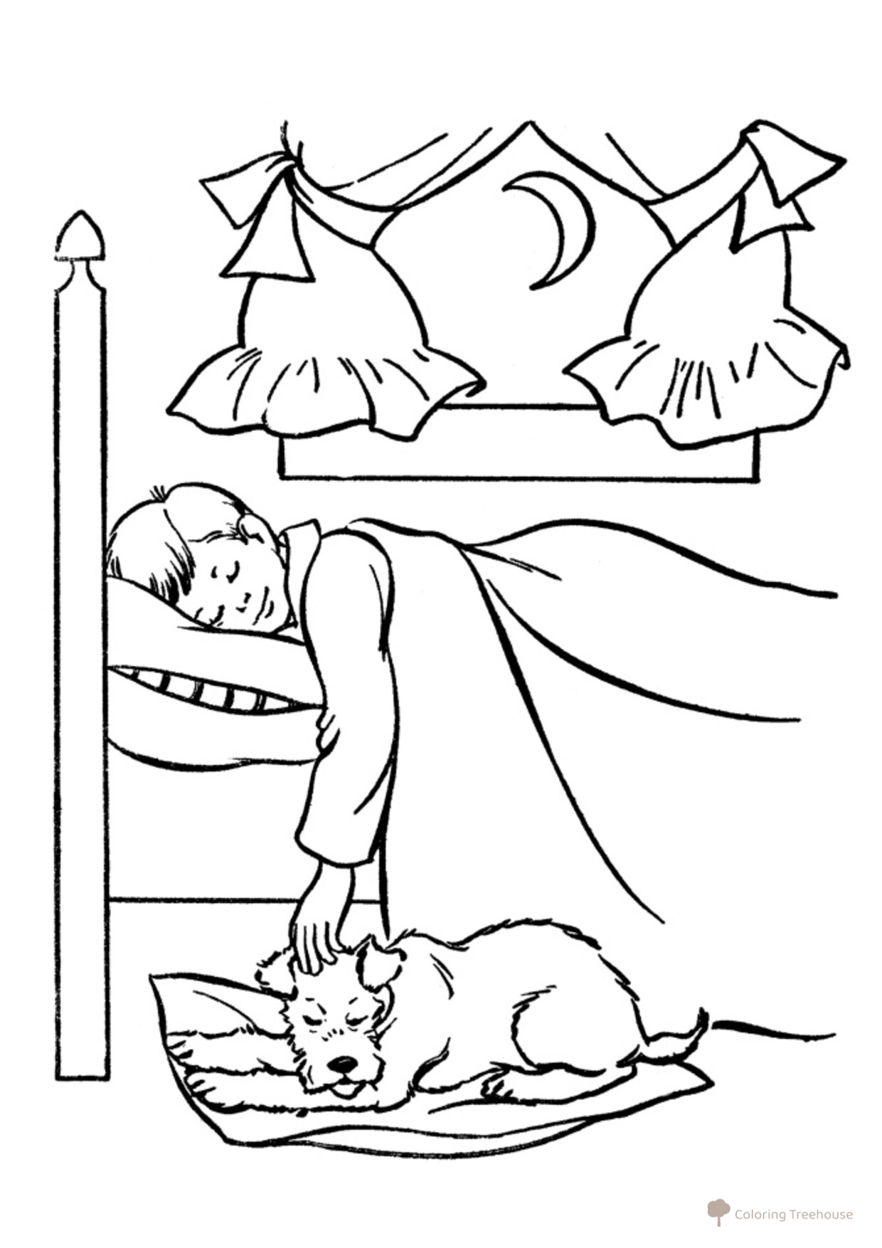 Dog Sleeping Next to Owner Coloring Page free printable Dog and Puppy Coloring Pages coloring page