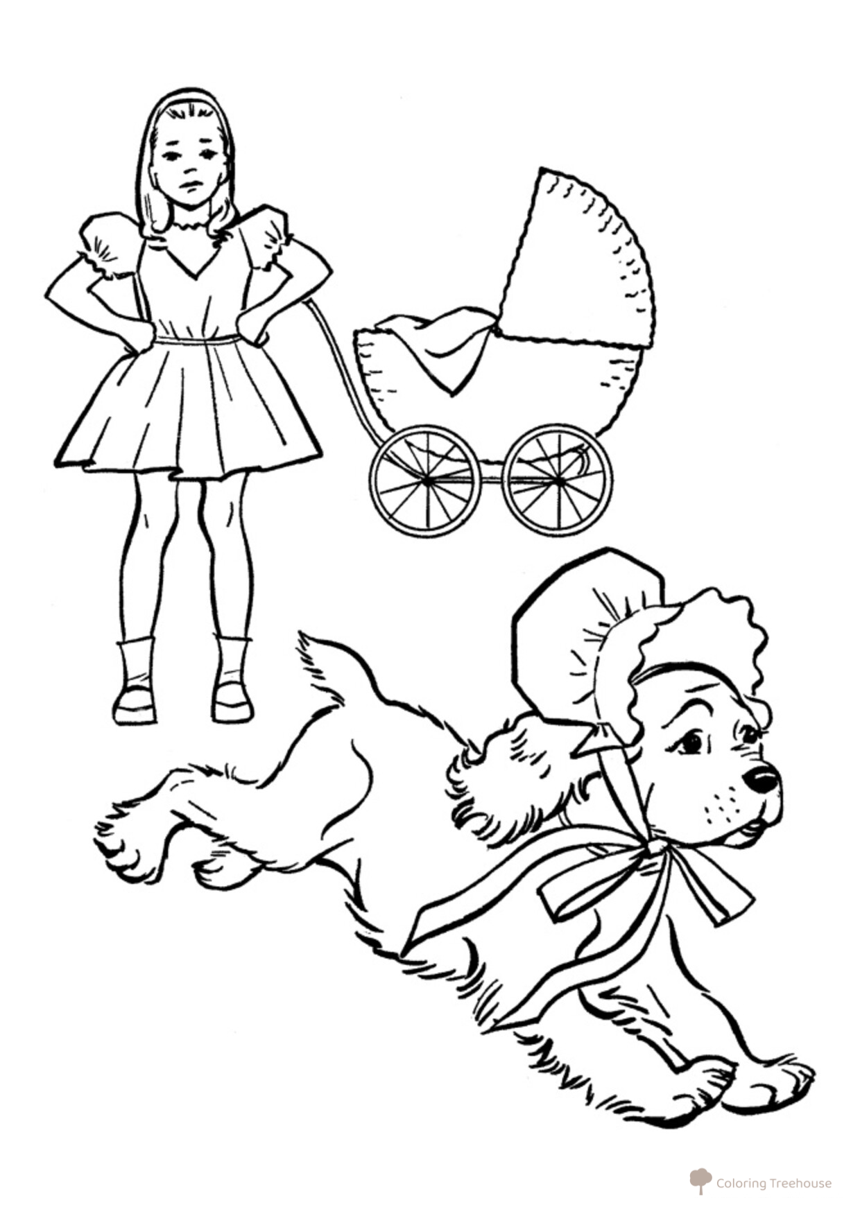 Página para colorear: Perro con gorro corriendo lejos de una niña dibujo para colorear gratis de Páginas para colorear de perros y cachorros