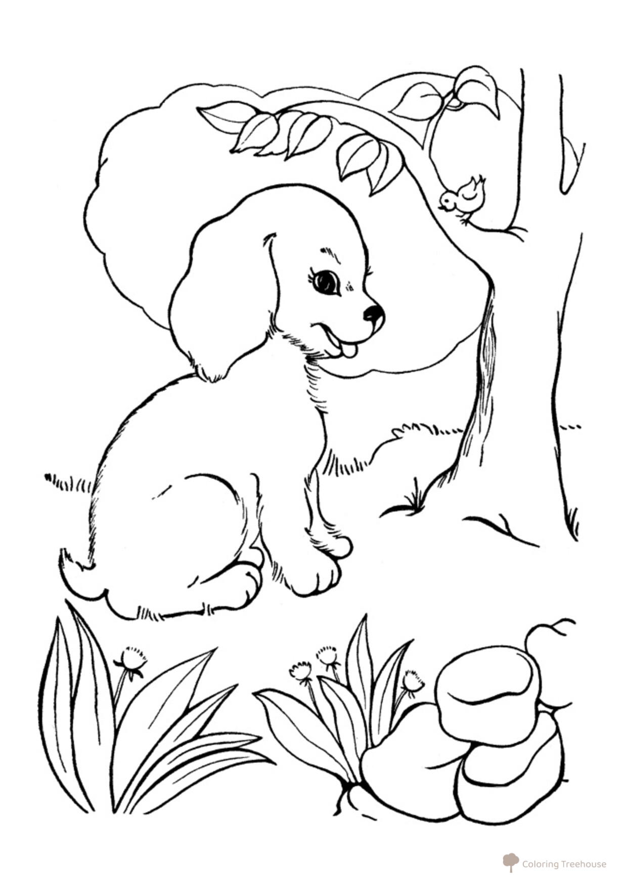Página para colorear: Perro en el bosque junto a un árbol dibujo para colorear gratis de Páginas para colorear de perros y cachorros