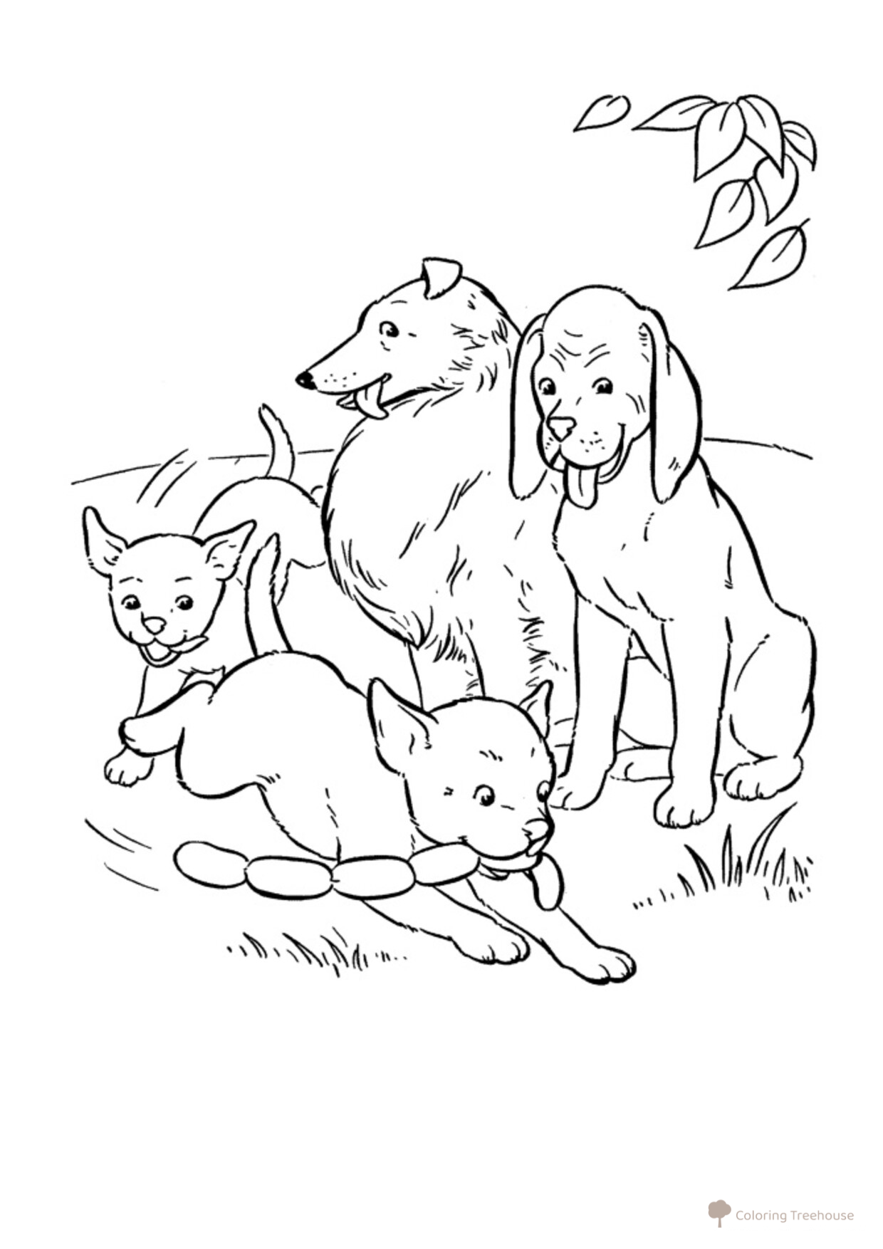Dogs Sharing Sausages Coloring Page free printable Dog and Puppy Coloring Pages coloring page