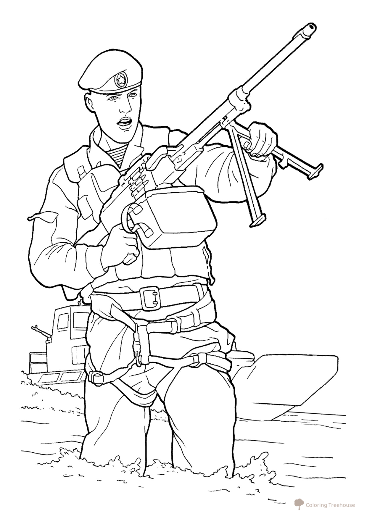 Página para colorear «Infante de marina con ametralladora» dibujo para colorear gratis de Dibujos para colorear de soldados