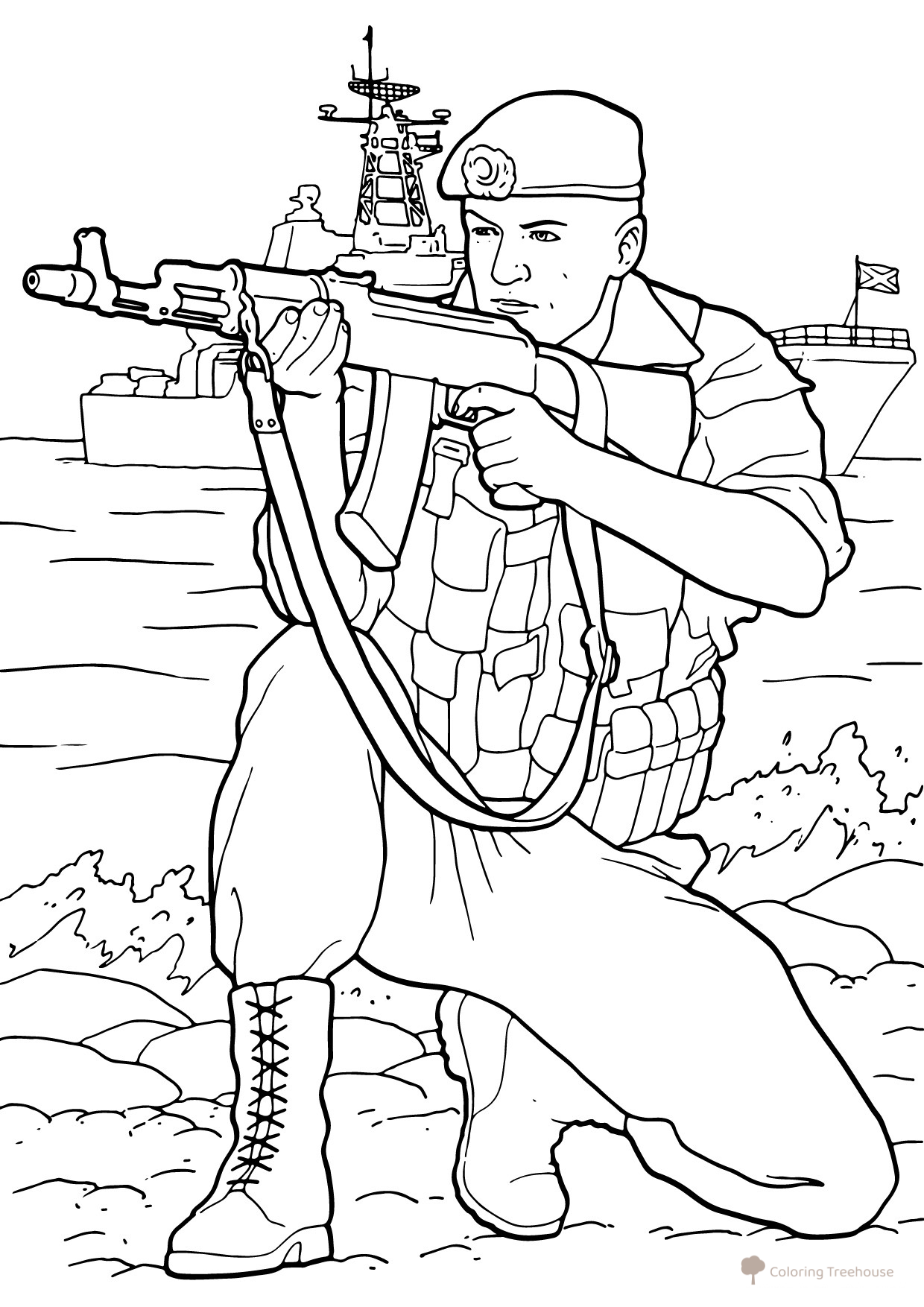 Página para colorear «Soldado apuntando con rifle» dibujo para colorear gratis de Dibujos para colorear de soldados