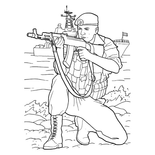 Página para colorear «Soldado apuntando con rifle» dibujo para colorear gratis de Dibujos para colorear de soldados