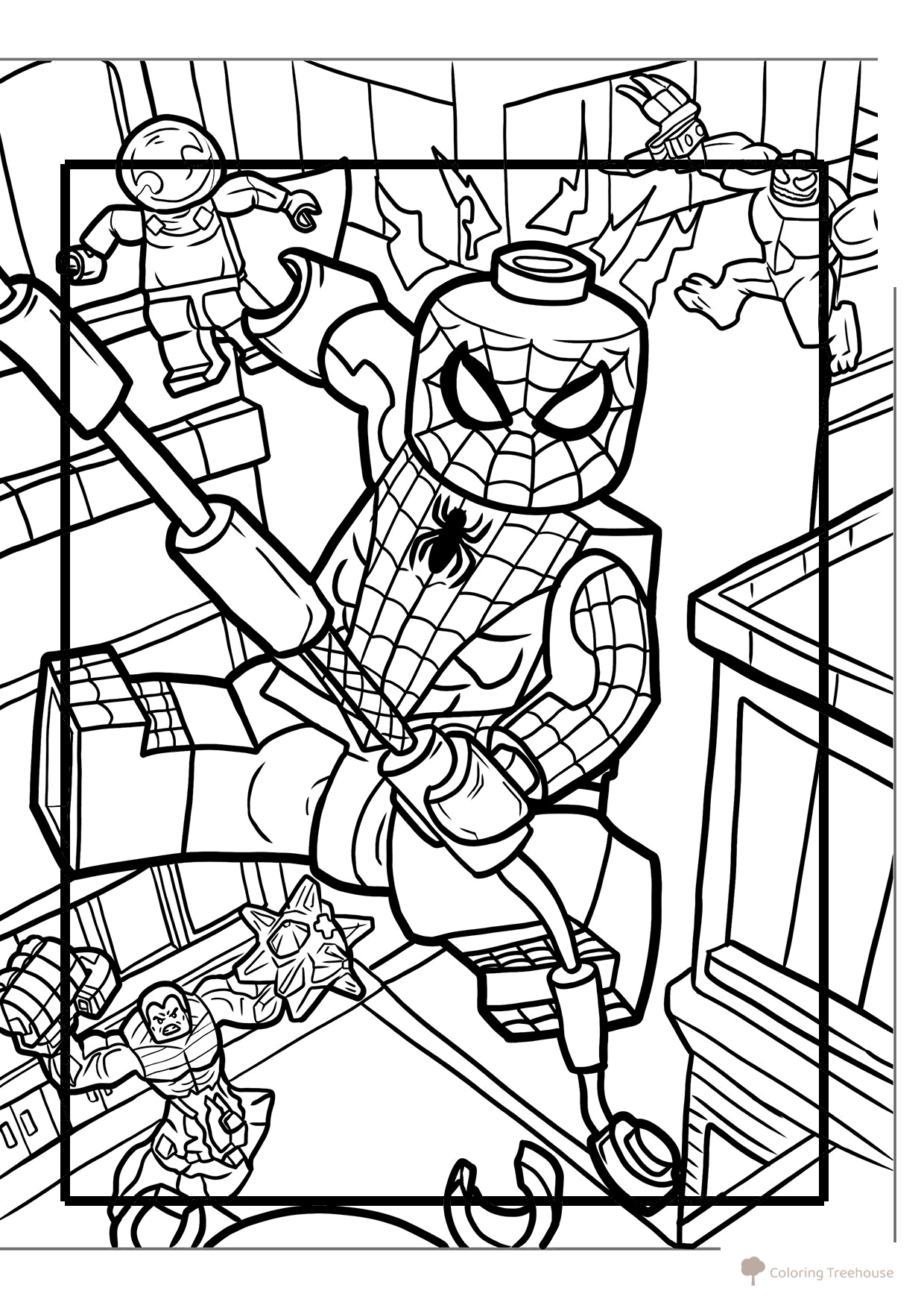 Página para colorear «Lego Hombre Araña con personajes de los Vengadores» dibujo para colorear gratis de Páginas para colorear de Spider-Man