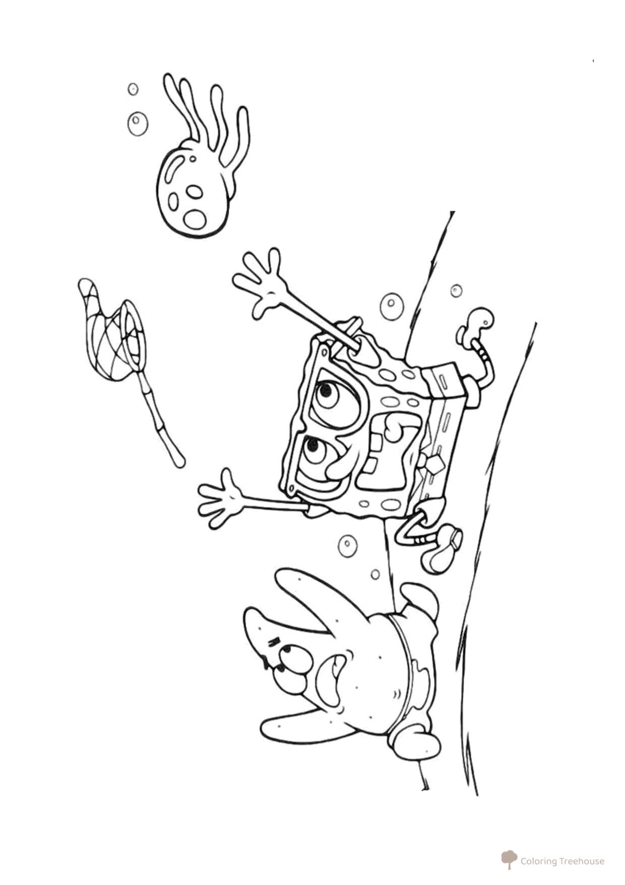SpongeBob and Patrick Run from a Jellyfish Coloring Page free printable SpongeBob Coloring Pages coloring page