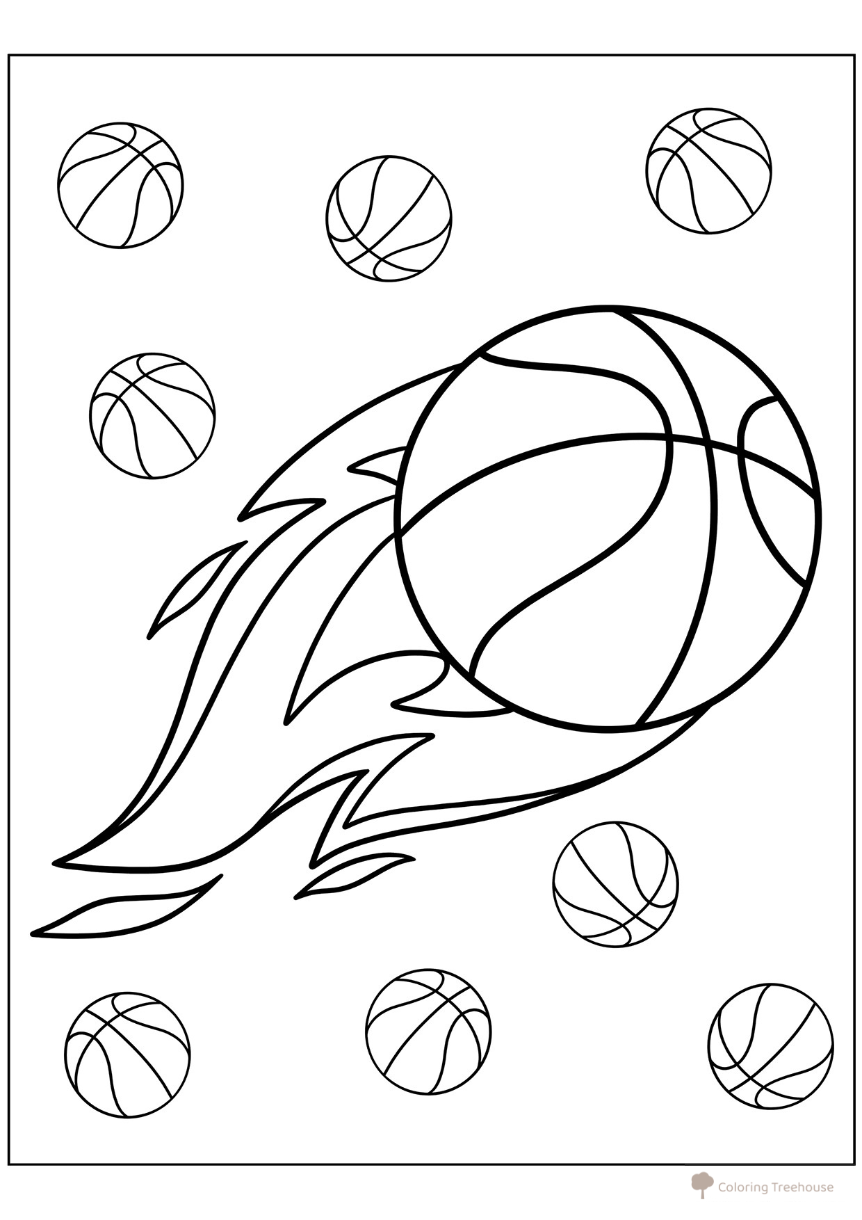 Página para colorear «Balón de baloncesto en llamas» dibujo para colorear gratis de Páginas para colorear: Deportes