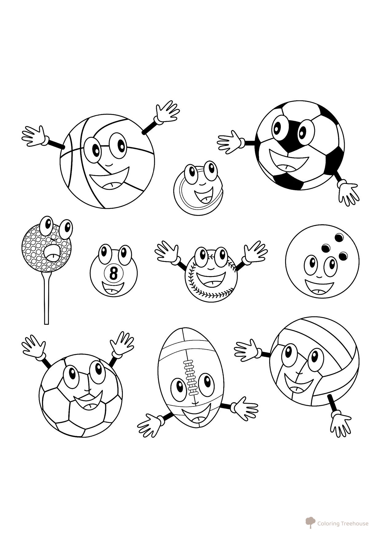 Página para colorear «Diferentes pelotas deportivas» dibujo para colorear gratis de Páginas para colorear: Deportes