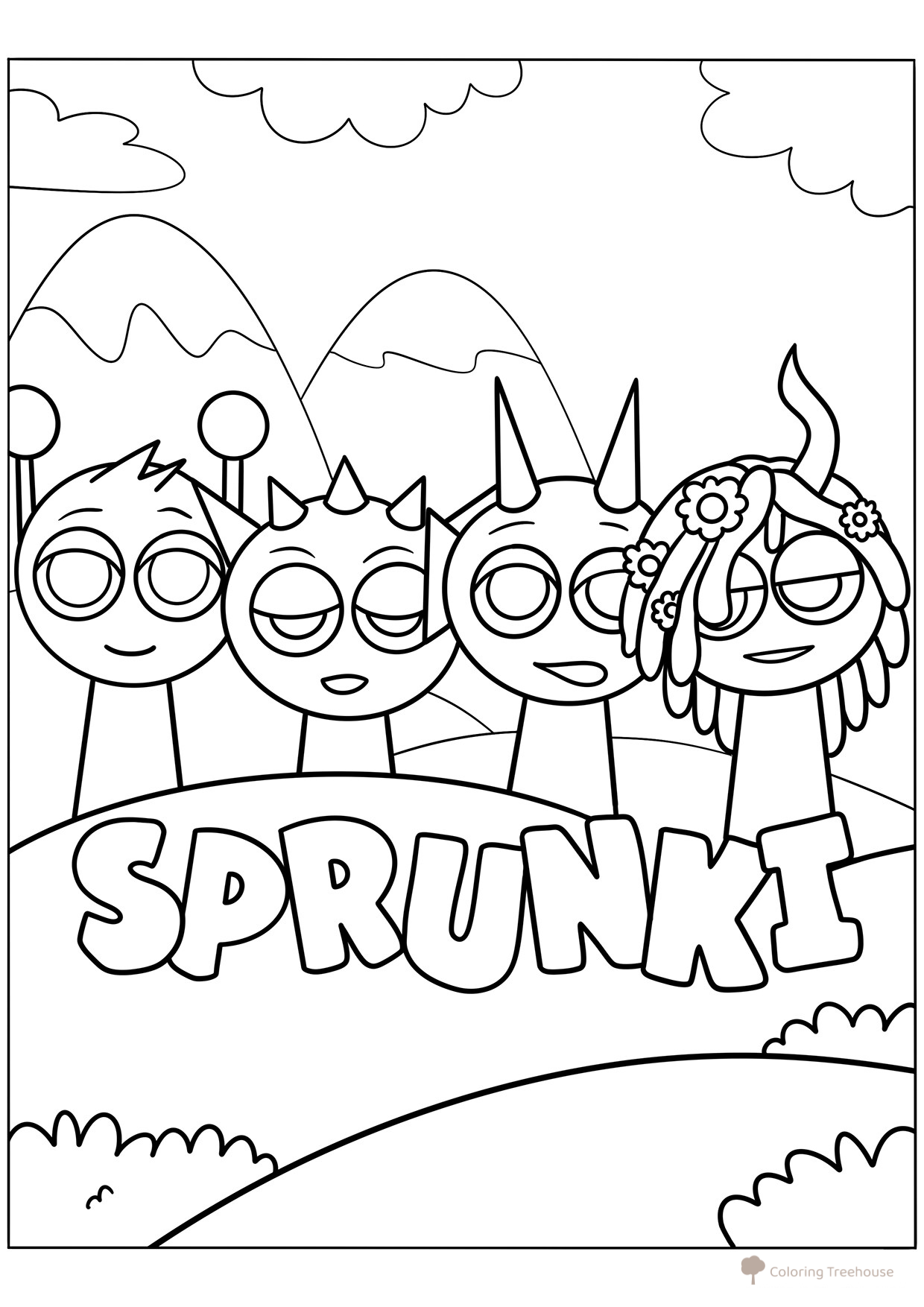 Simon, Reddy, Derpl and Vineria Coloring Page free printable Sprunki Coloring Pages coloring page