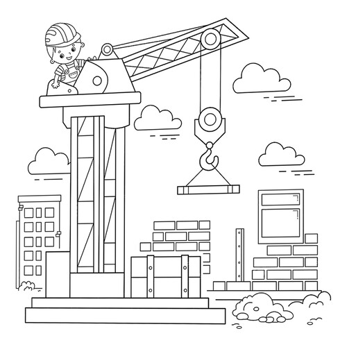 Página para colorear «Grúa torre en la obra» dibujo para colorear gratis de Páginas para colorear de maquinaria de construcción