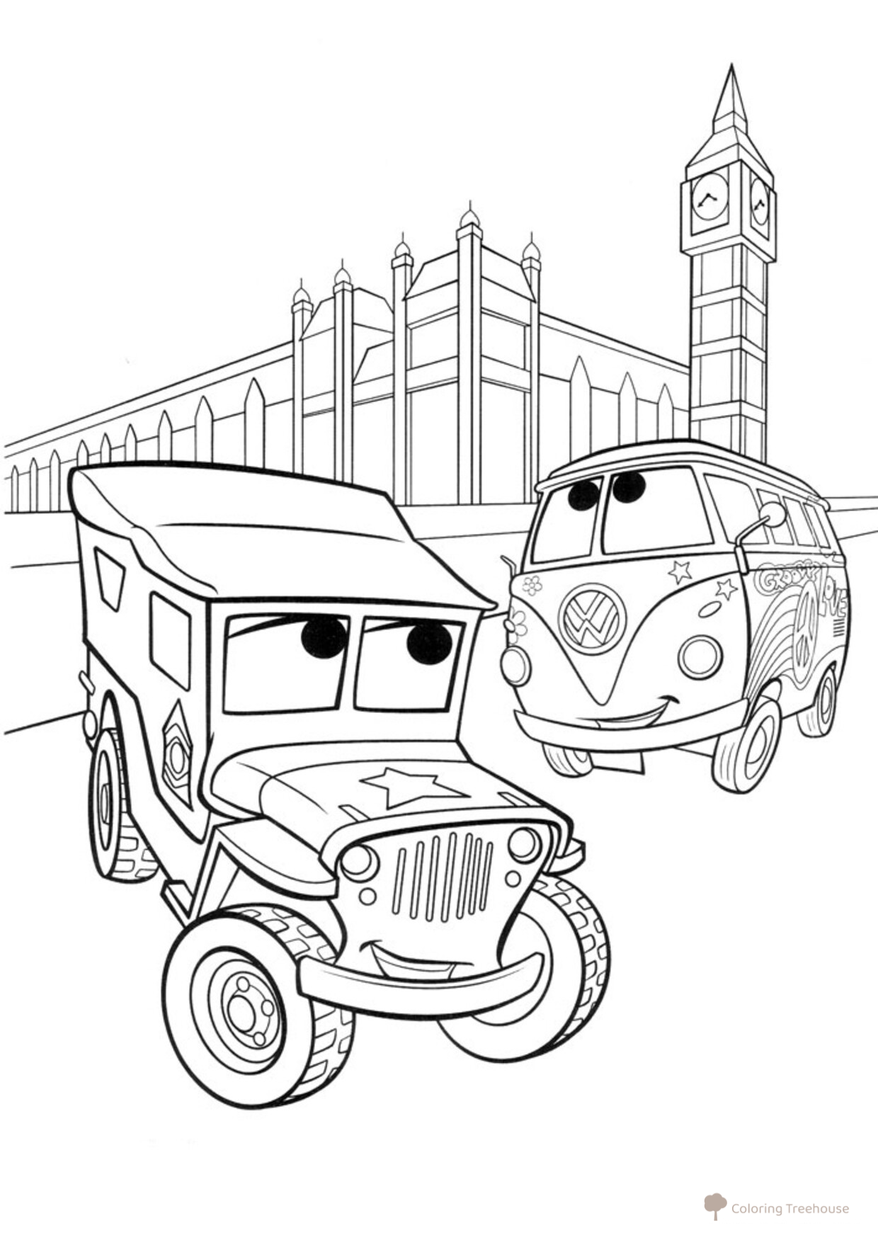 Página para colorear: Fillmore en Londres dibujo para colorear gratis de Páginas para colorear de Cars y Cars 2