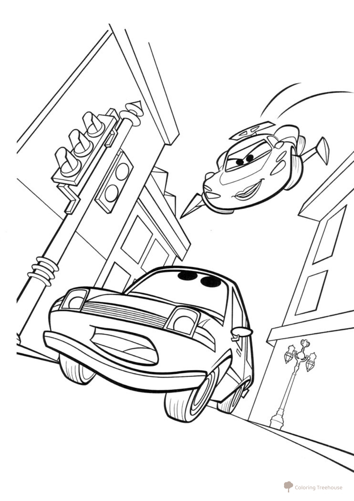 Página para colorear: Coche volador en el cielo dibujo para colorear gratis de Páginas para colorear de Cars y Cars 2