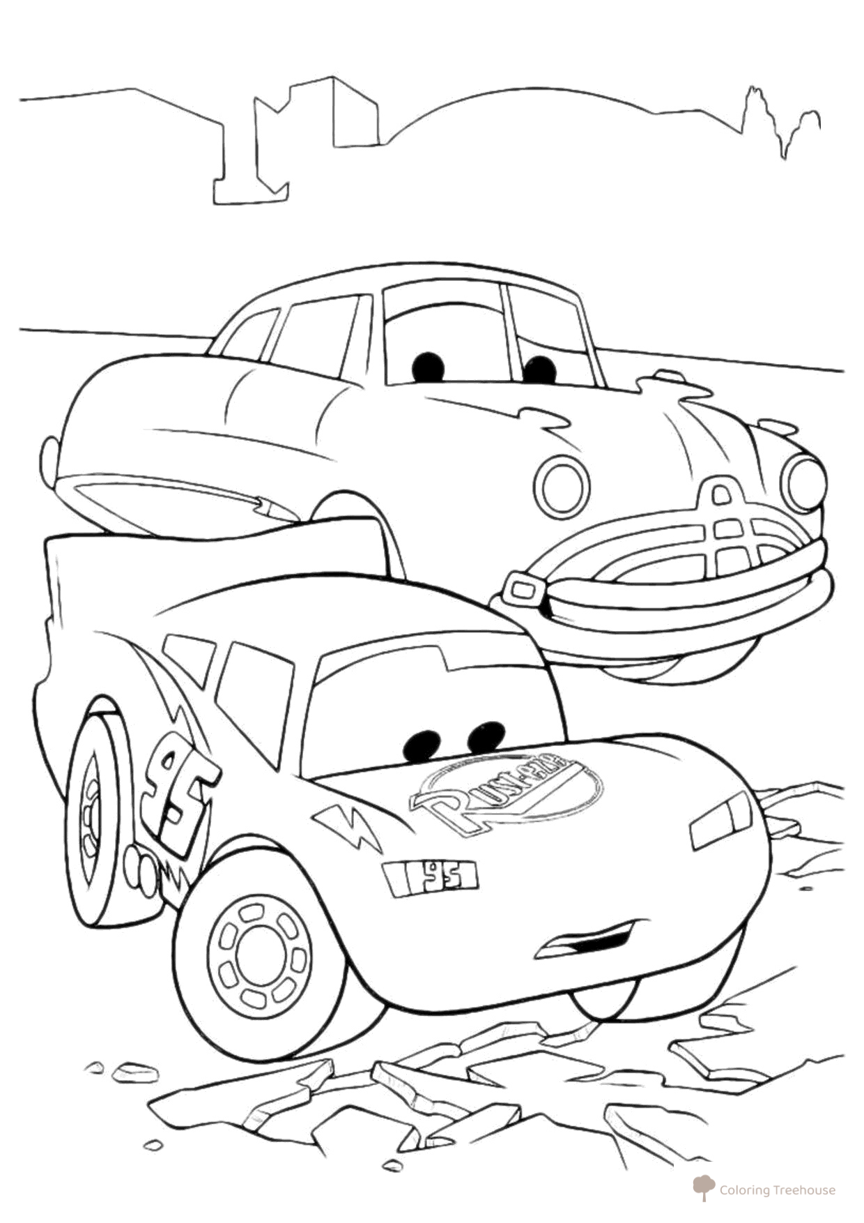 Página para colorear: Rayo McQueen y Doc Hudson junto a la carretera dañada dibujo para colorear gratis de Páginas para colorear de Cars y Cars 2