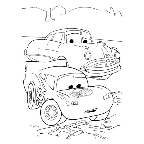 Página para colorear: Rayo McQueen y Doc Hudson junto a la carretera dañada dibujo para colorear gratis de Páginas para colorear de Cars y Cars 2