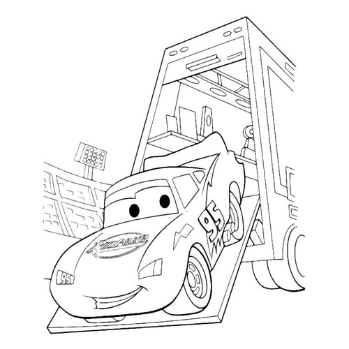 Página para colorear: McQueen sale del camión dibujo para colorear gratis de Páginas para colorear de Cars y Cars 2
