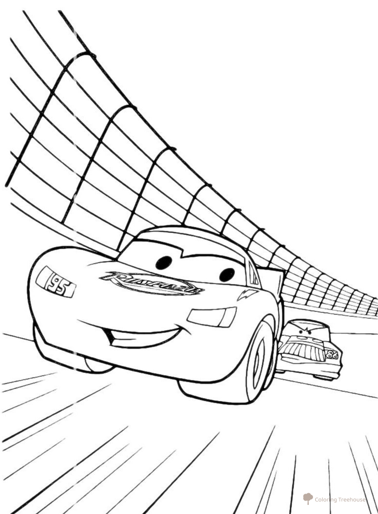 McQueen Being Chased in a Race Coloring Page free printable Cars and Cars 2 Coloring Pages for Boys coloring page