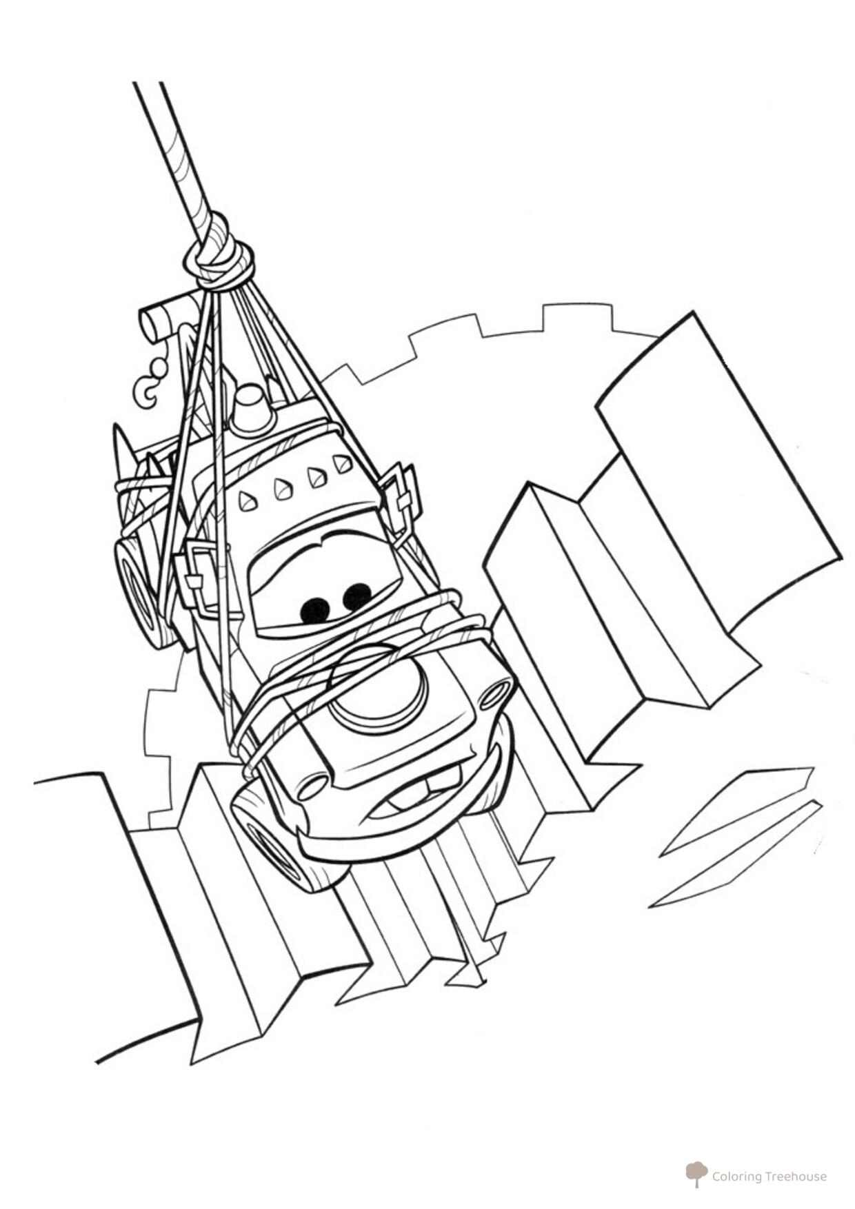 Mater Hanging on a Rope Between Gears Coloring Page free printable Cars and Cars 2 Coloring Pages for Boys coloring page