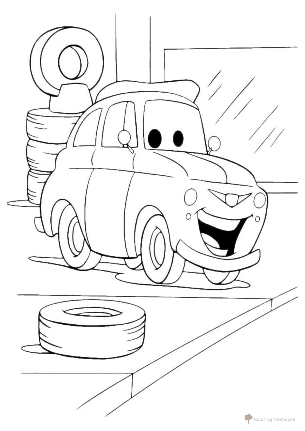 Página para colorear: Cars en el taller de neumáticos dibujo para colorear gratis de Páginas para colorear de Cars y Cars 2