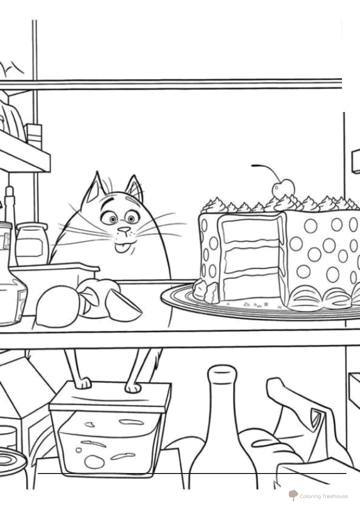 Página para colorear: Gata Chloe y su pastelito dibujo para colorear gratis de Páginas para colorear La vida secreta de tus mascotas