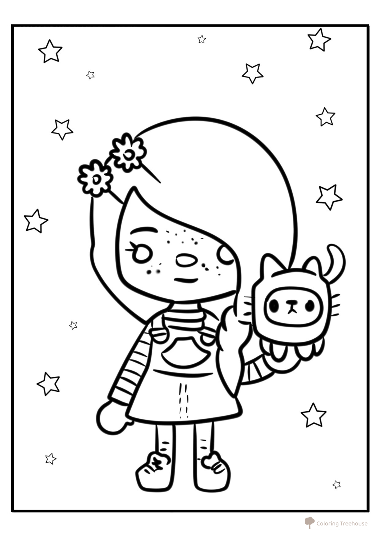 Página para colorear «Toca Boca: niña con gatito» dibujo para colorear gratis de Páginas para colorear de Toca Boca (Toca Boca)
