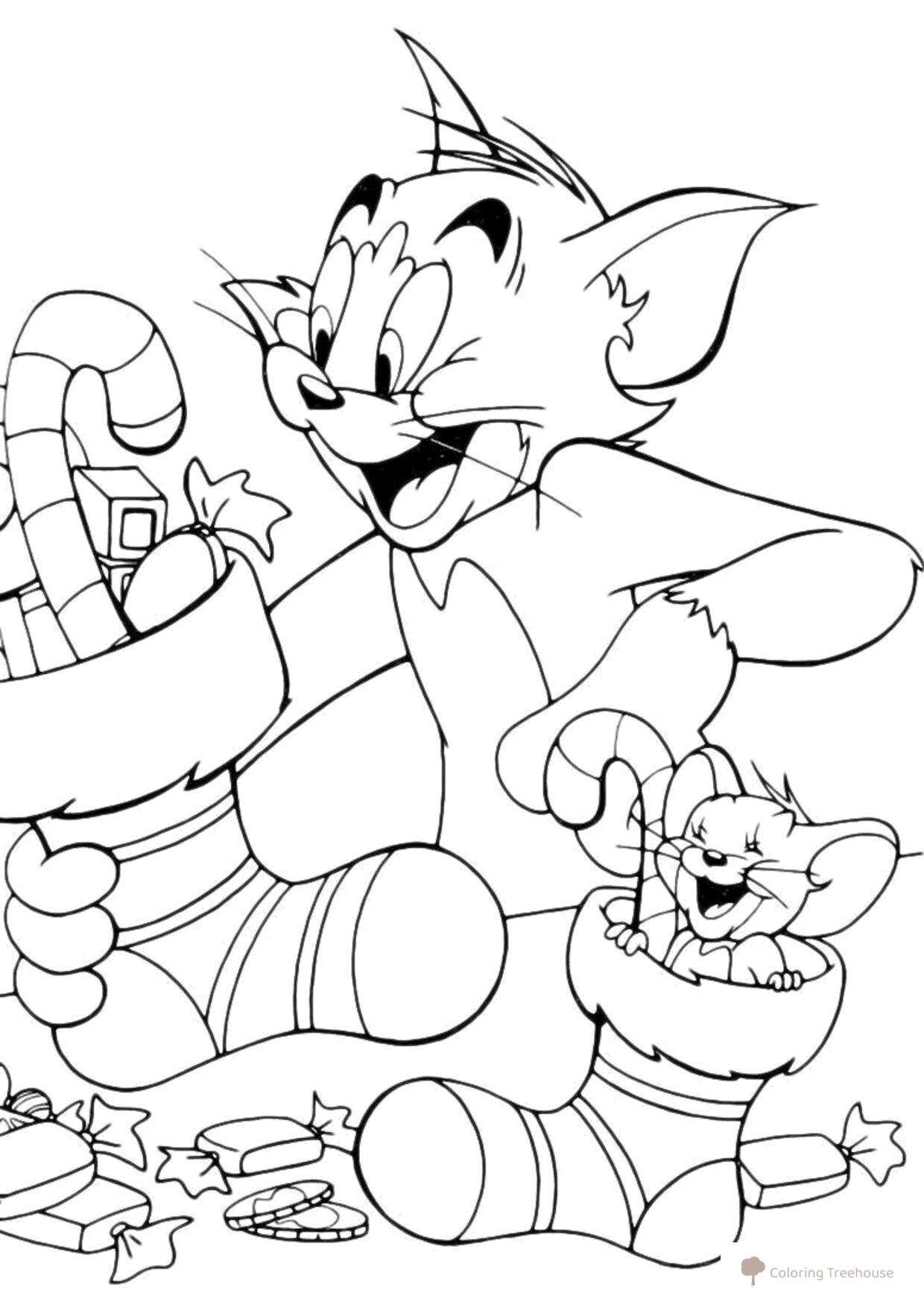 Página para colorear: Calcetines navideños de Tom y Jerry dibujo para colorear gratis de Tom and Jerry Coloring Pages