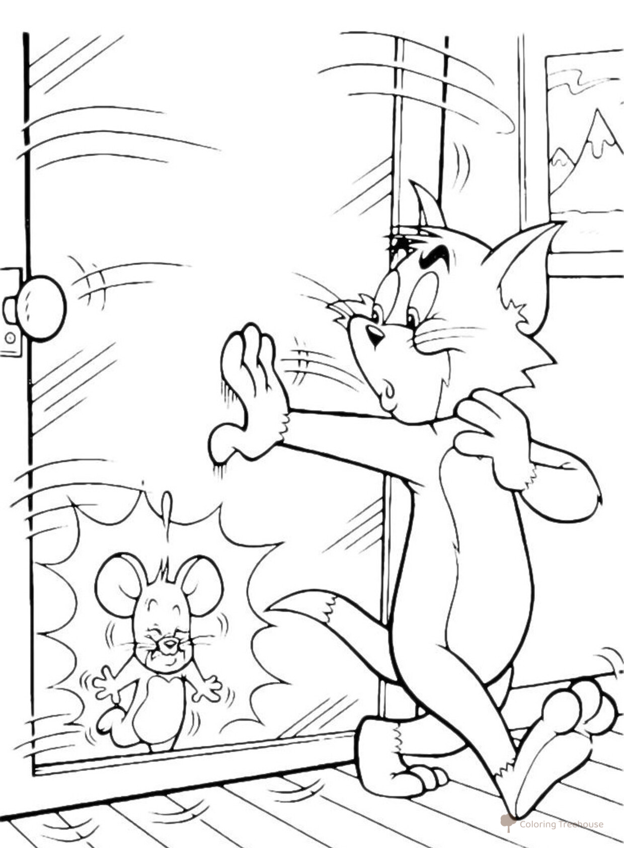 Página para colorear: Tom cerró la puerta delante de Jerry dibujo para colorear gratis de Tom and Jerry Coloring Pages