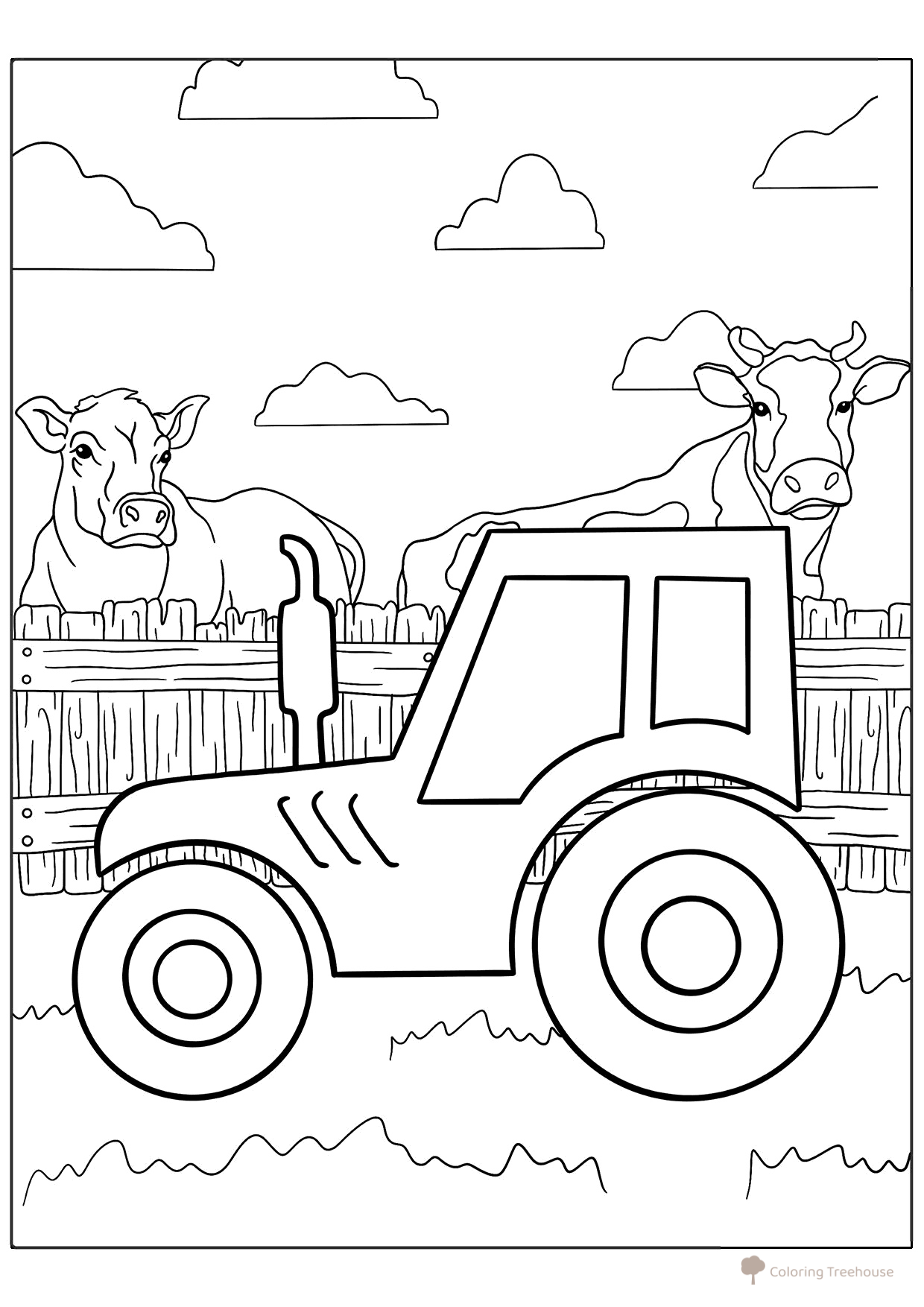 Simple Tractor and Cows Coloring Page free printable Tractors and Combine Harvesters Coloring Pages coloring page