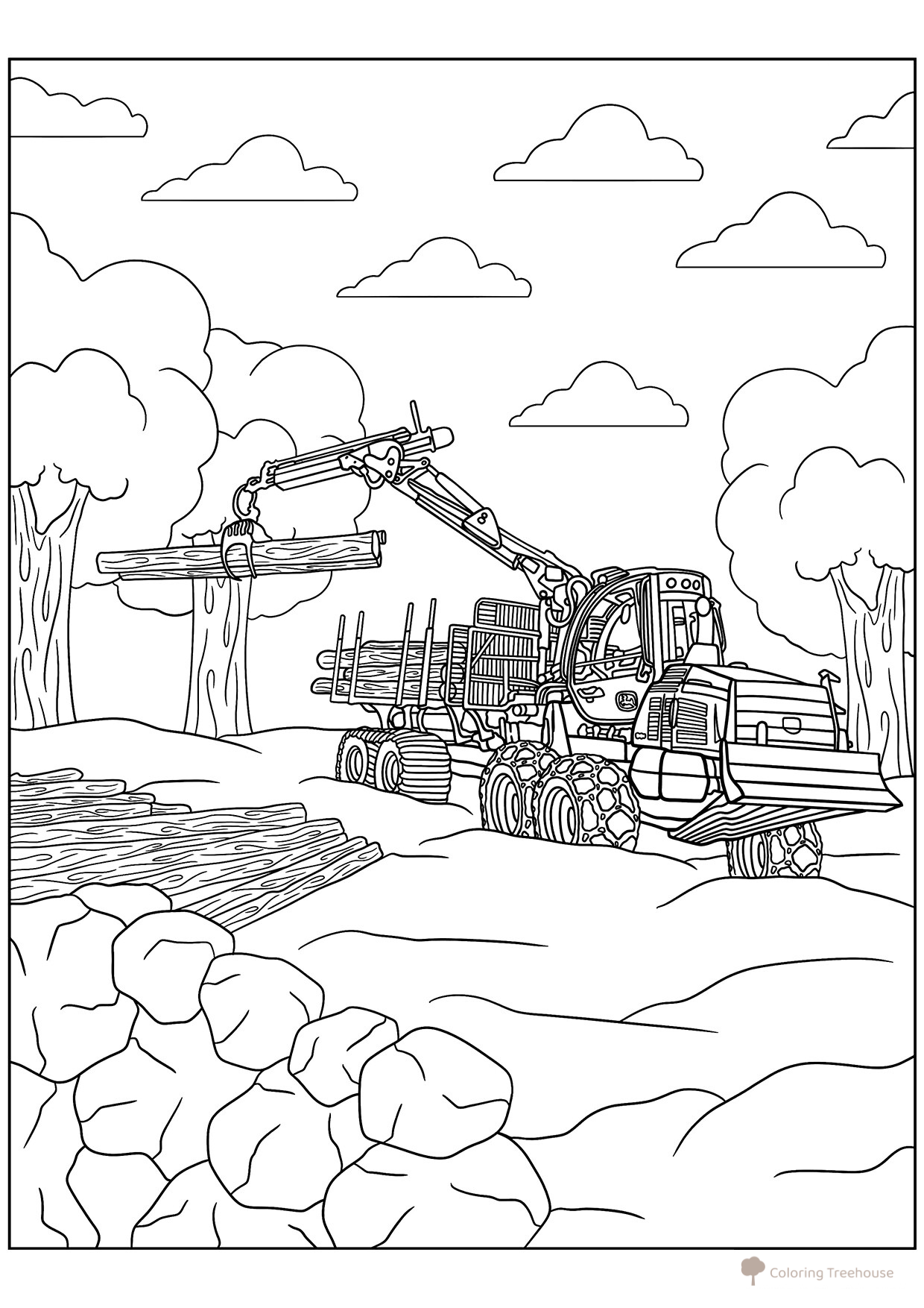 Página para colorear «Tractor cargando troncos» dibujo para colorear gratis de Páginas para colorear: tractores y cosechadoras