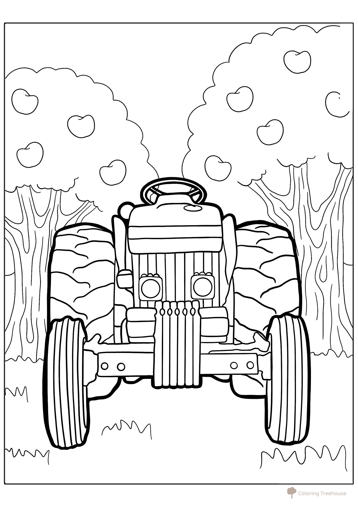 Página para colorear «Tractor junto a árboles con manzanas» dibujo para colorear gratis de Páginas para colorear: tractores y cosechadoras