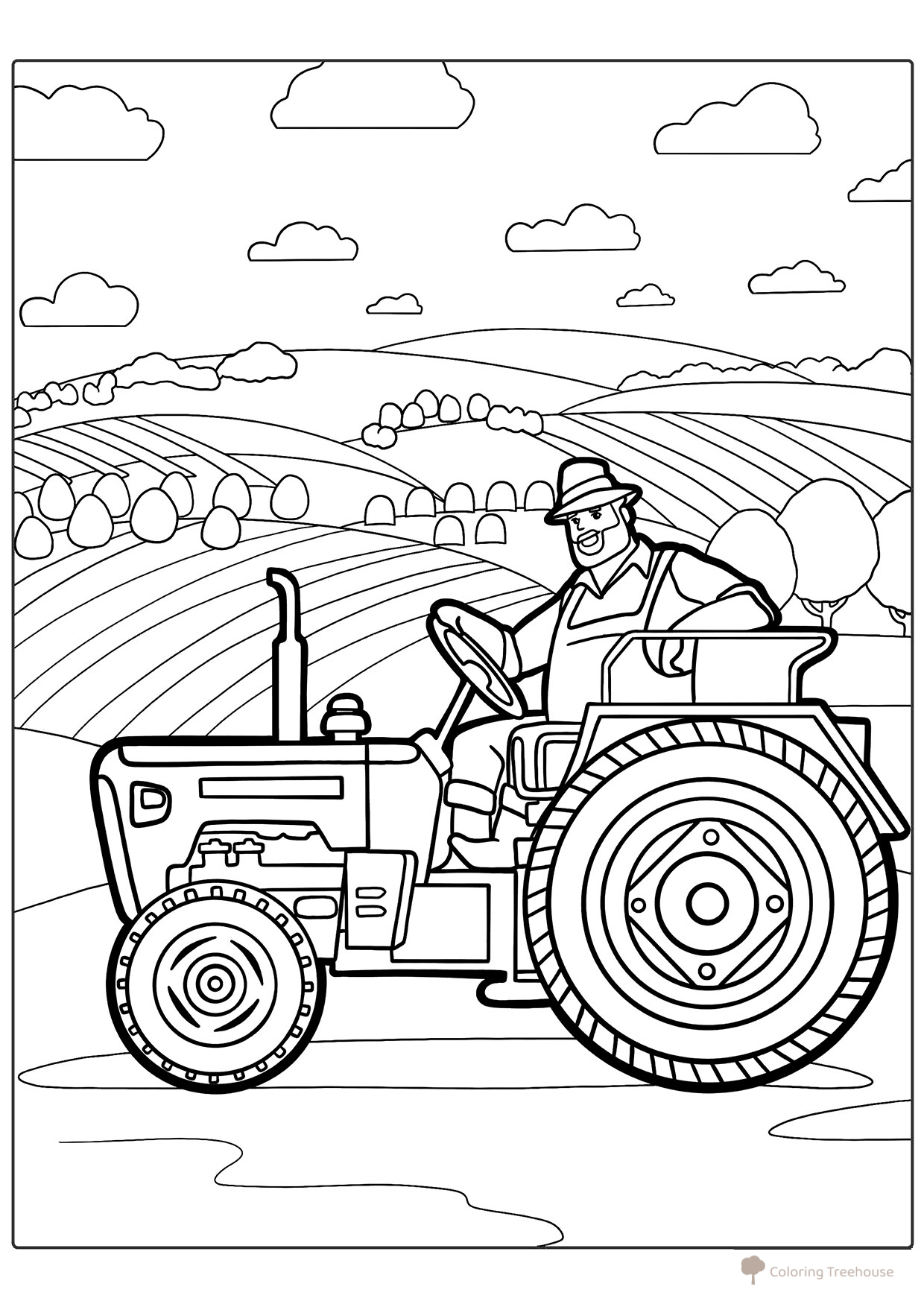 Tractor Driver Coloring Page — Tractor in a Field free printable Tractors and Combine Harvesters Coloring Pages coloring page