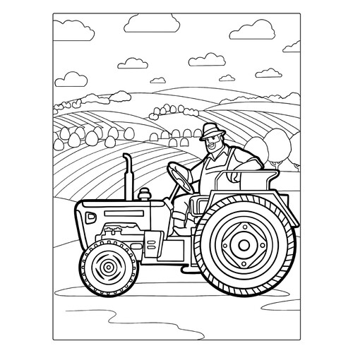 Tractor Driver Coloring Page — Tractor in a Field free printable Tractors and Combine Harvesters Coloring Pages coloring page