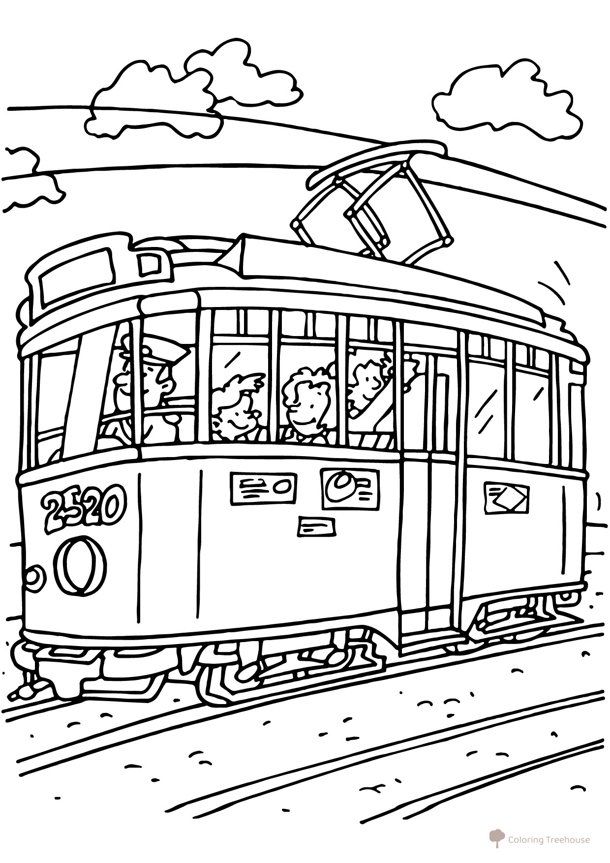 Página para colorear «Tramvía caricaturesco con pasajeros» dibujo para colorear gratis de Páginas para colorear de tranvías