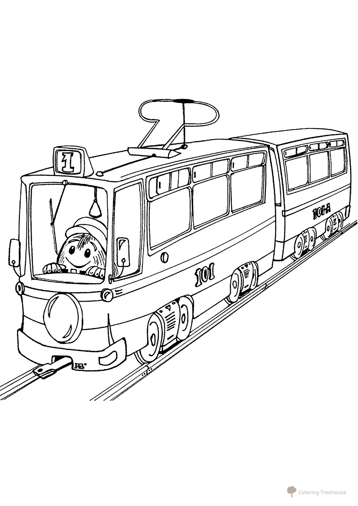 Página para colorear «Tranvía con conductor divertido» dibujo para colorear gratis de Páginas para colorear de tranvías