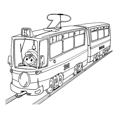 Página para colorear «Tranvía con conductor divertido» dibujo para colorear gratis de Páginas para colorear de tranvías