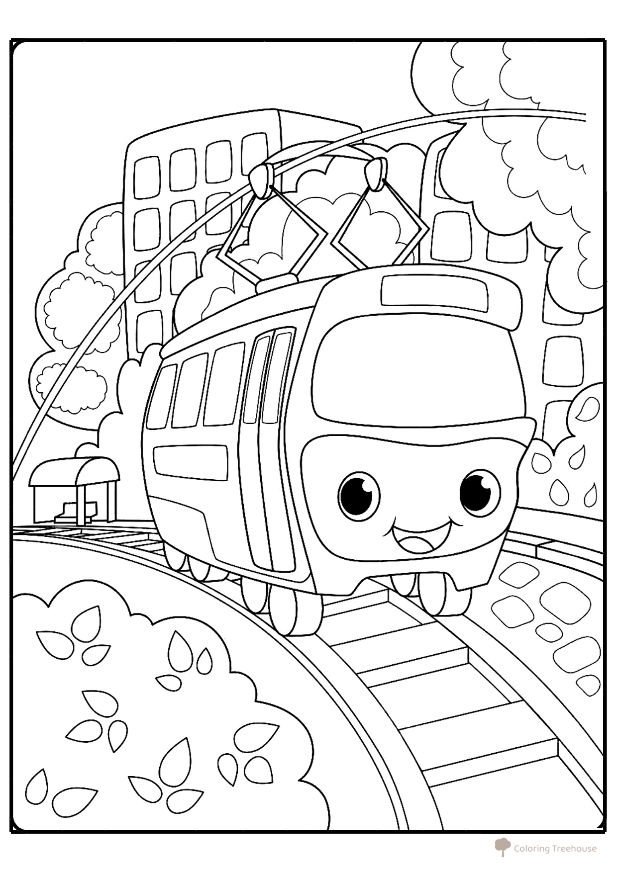 Página para colorear «Tranvía alegre» dibujo para colorear gratis de Páginas para colorear de tranvías
